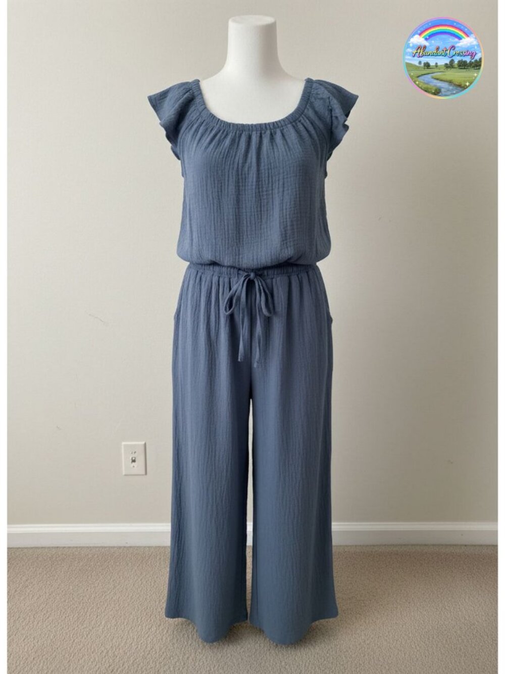 Women Wide Leg Jumpsuit Ruffle Sleeve Square Neck Drawstring Pockets
